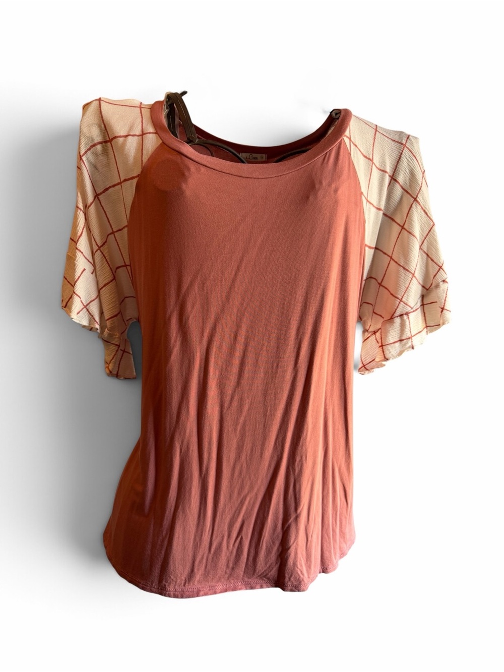 Women's Size 1X Mauve Short-Sleeve Top with Cream Grid Sleeves - NWOT